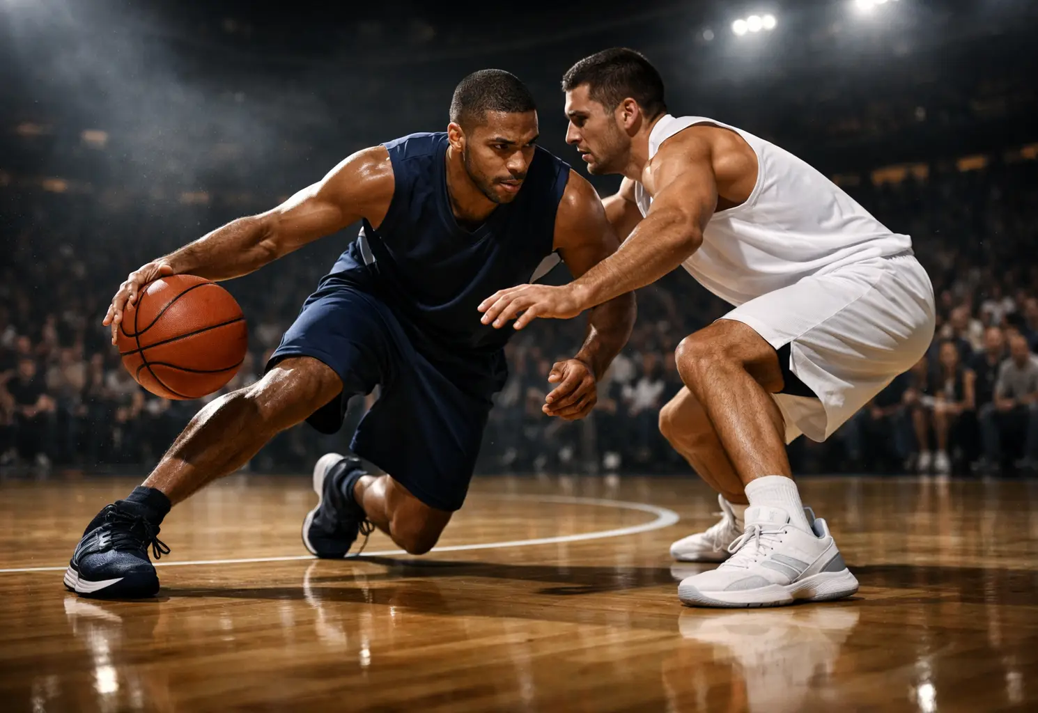 Joueur de basketball NBA en action lors d'un match avec le ballon