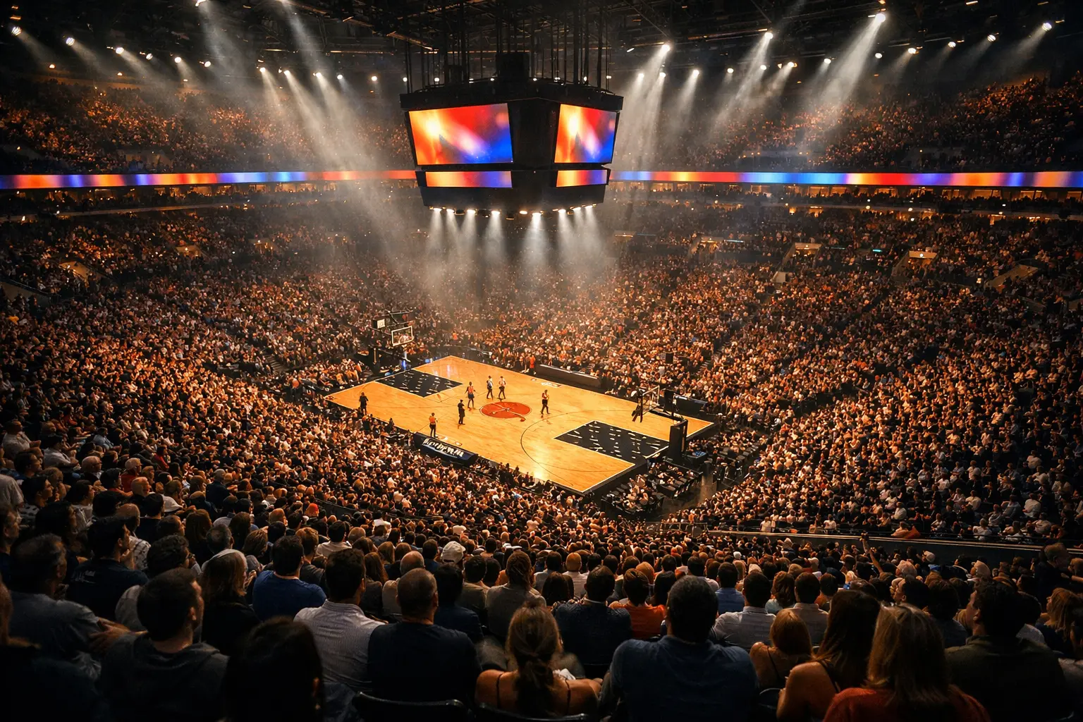 Terrain de basketball NBA vu depuis les tribunes avec spectateurs