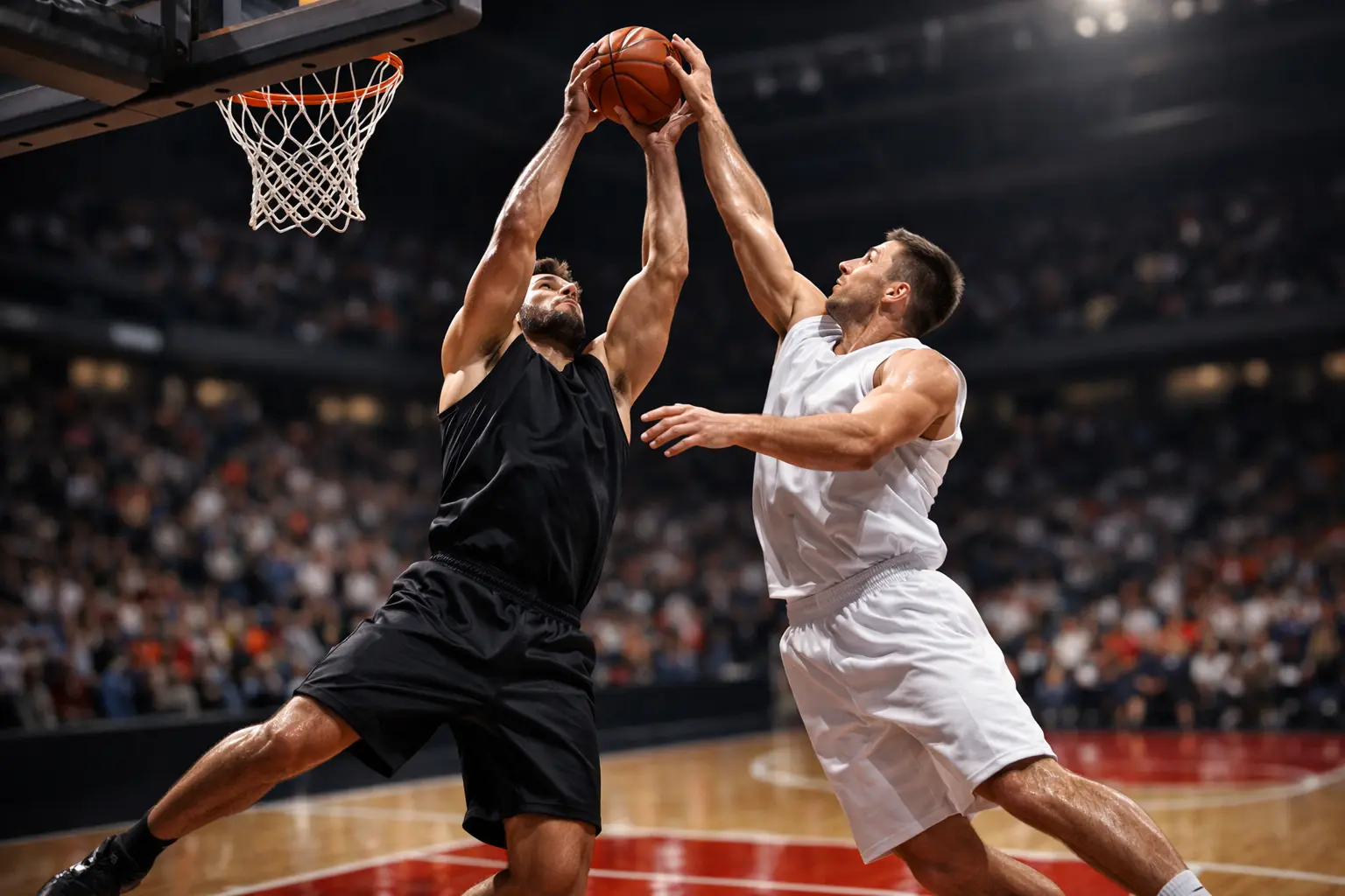 Match NBA avec joueurs en action sur le parquet