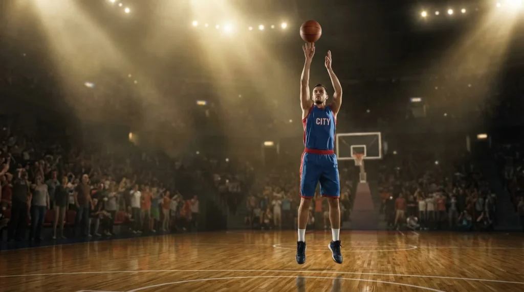 Joueur de basketball en pleine action lors d'un match NBA sous les projecteurs de la salle