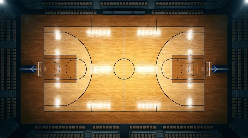 Current image: Vue plongeante sur un terrain de basketball NBA éclairé avec lignes de jeu visibles
