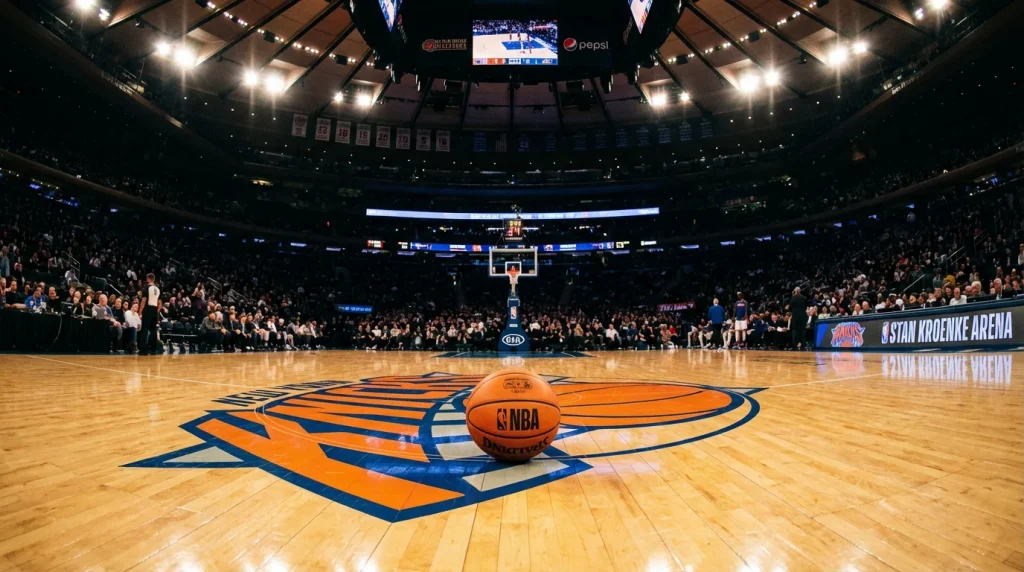 Current image: Terrain de basketball NBA éclairé sous les projecteurs d'une grande arène américaine