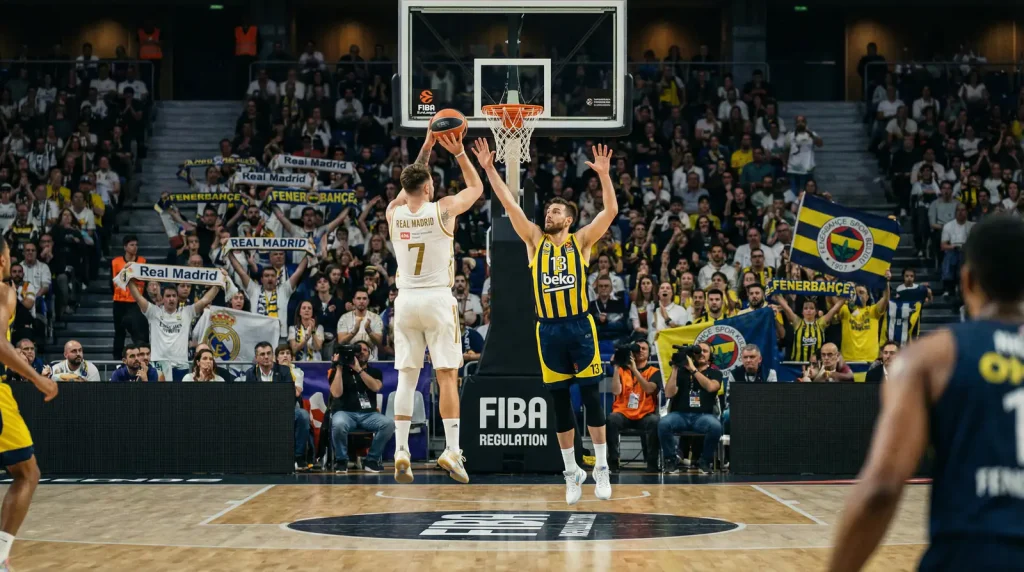 Current image: Match de basketball européen dans une salle pleine de supporters enthousiastes