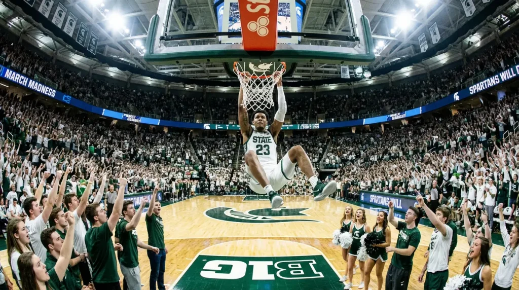 Current image: Joueurs de basketball universitaire disputant un match dans un gymnase bondé