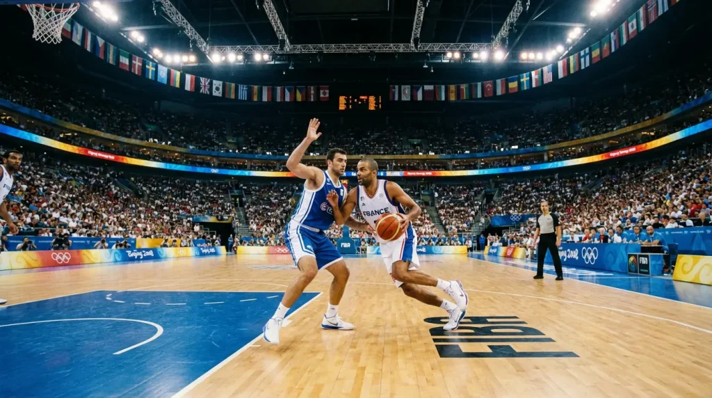 Current image: Équipes nationales de basketball s'affrontant lors d'un tournoi international
