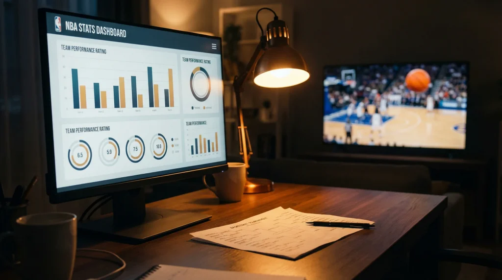 Current image: Tableau de statistiques avancées de basketball affiché sur un écran lors d'un match NBA