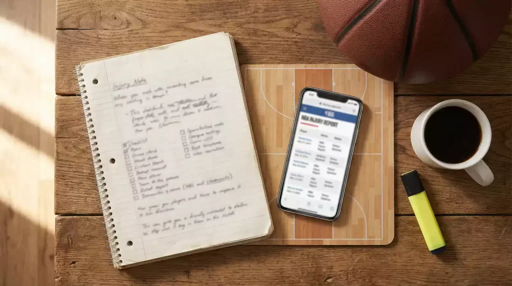 Current image: Parieur concentré analysant des données de basketball sur un carnet avant un match NBA