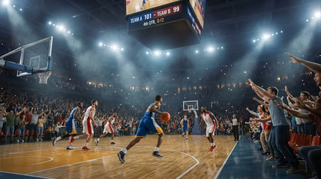Current image: Match de basketball NBA en cours avec le tableau d'affichage illuminé dans une salle comble