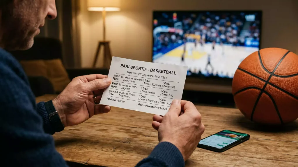 Current image: Ticket de paris sportifs multiples posé sur une table à côté d'un ballon de basketball