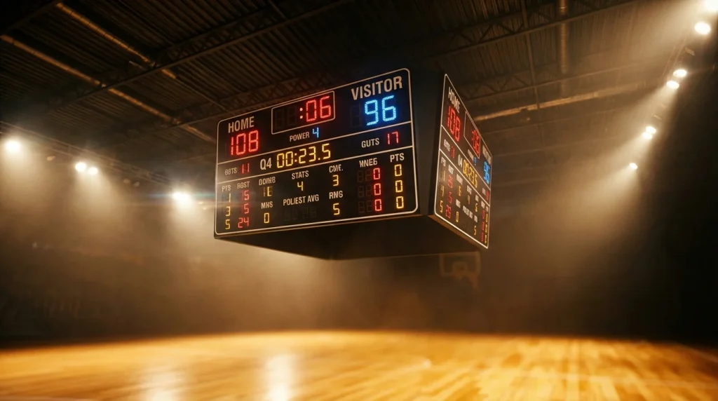 Current image: Tableau d'affichage d'un match de basketball montrant les scores dans une salle éclairée