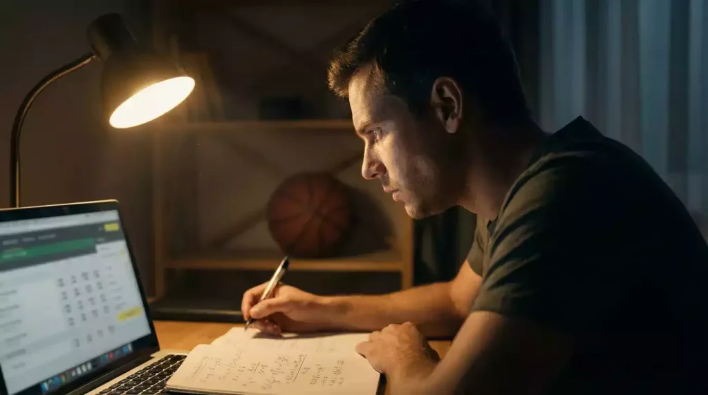 Current image: Gros plan sur un écran affichant des cotes de paris basketball avec un stylo et un carnet