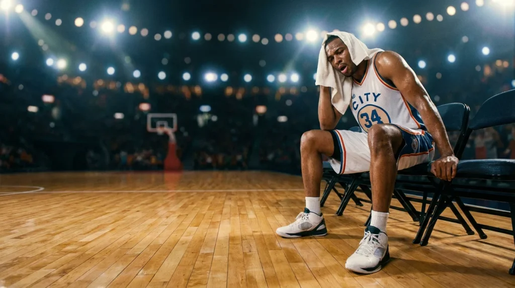 Current image: Joueur de basketball NBA épuisé assis sur le banc après un match, éclairage dramatique de la salle