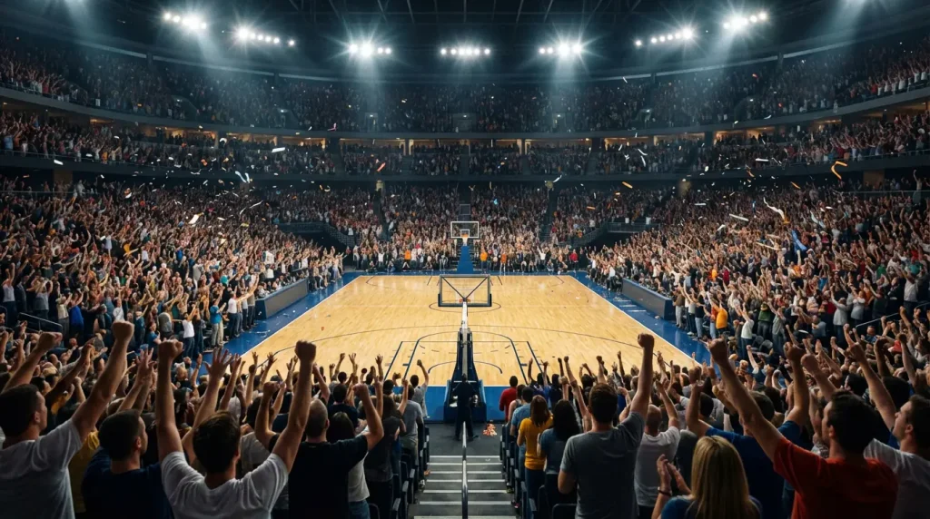 Current image: Salle NBA comble avec le public debout encourageant l'équipe locale sur le parquet illuminé