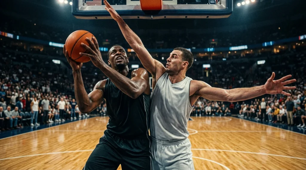 Current image: Moment intense d'un match de playoffs NBA avec deux joueurs en duel sous les lumières de la salle