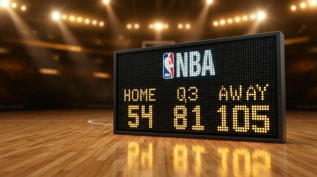 Current image: Tableau d'affichage NBA montrant les scores par quart-temps avec la salle de basketball en arrière-plan