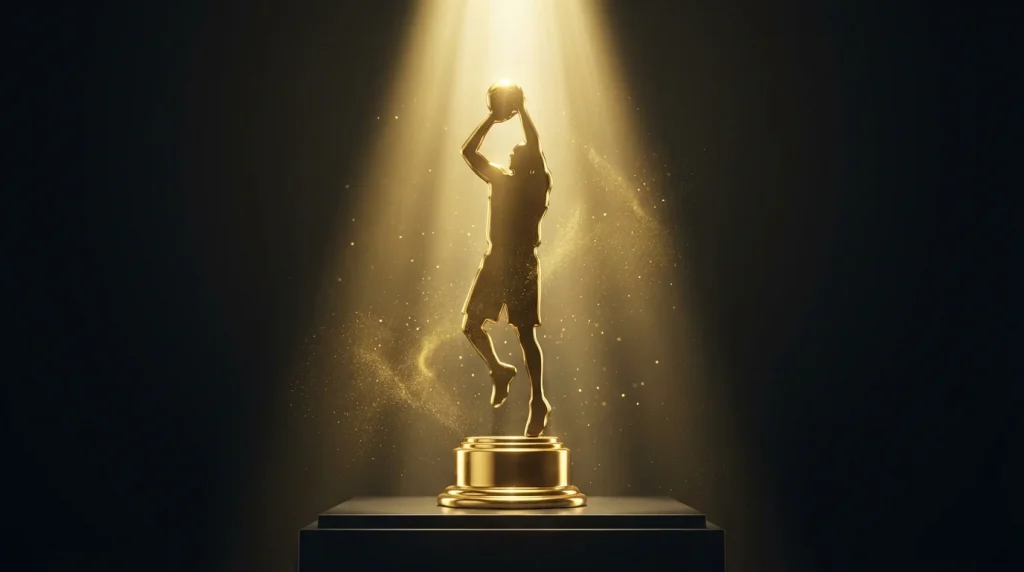 Current image: Trophée MVP NBA sous un projecteur avec la silhouette d'un joueur de basketball en arrière-plan