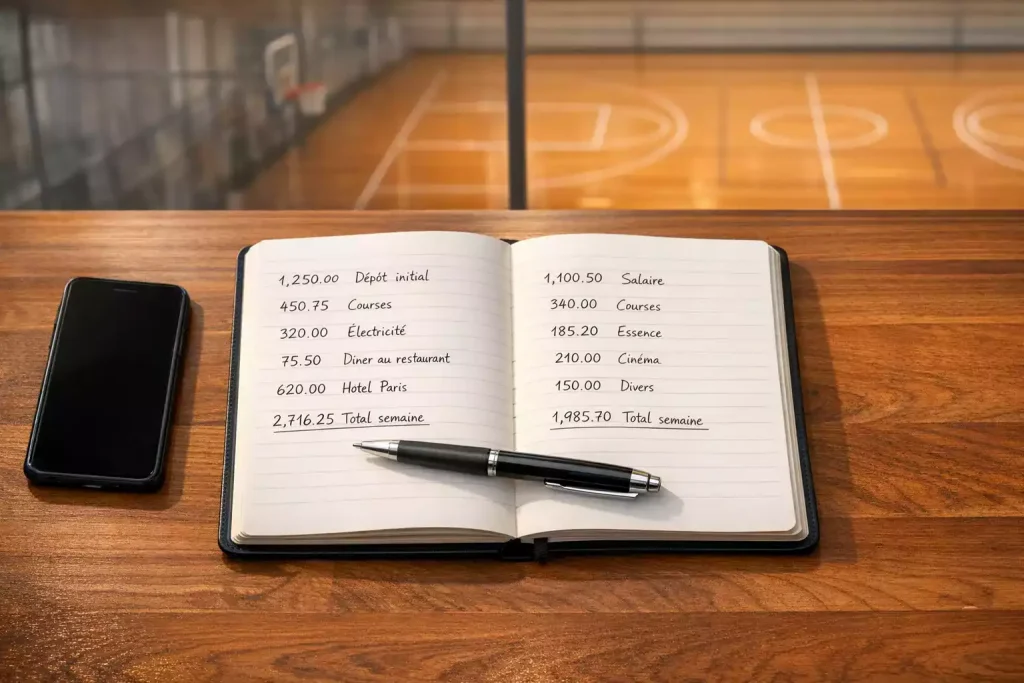 Current image: Carnet de suivi de bankroll posé sur un bureau avec un stylo et un terrain de basketball en arrière-plan