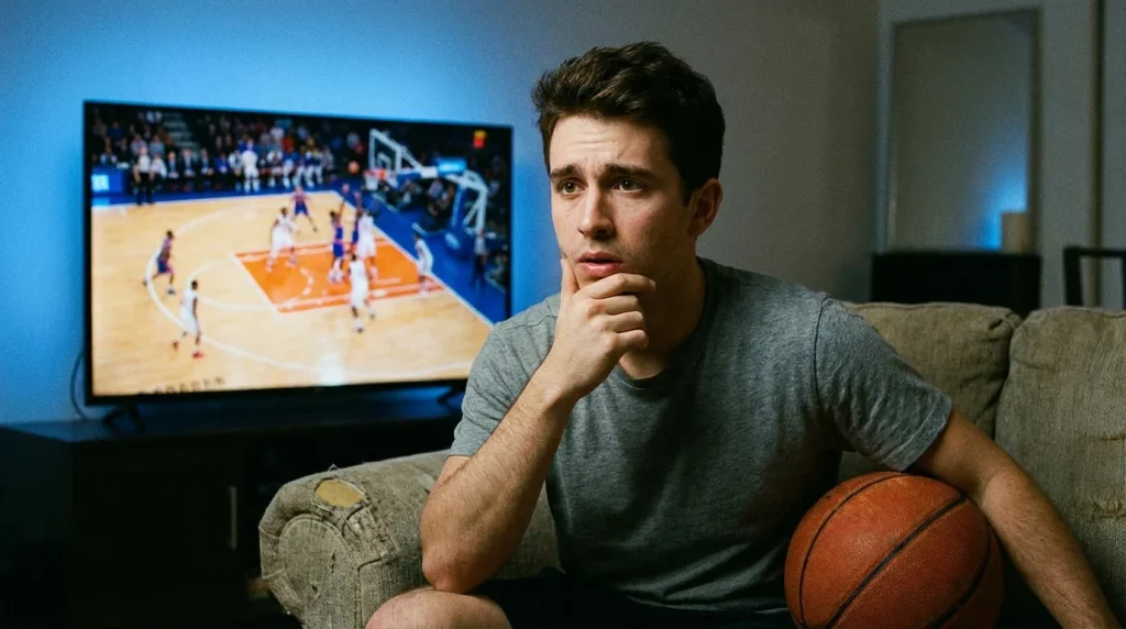 Current image: Jeune homme pensif devant un écran affichant un match de basketball dans un salon