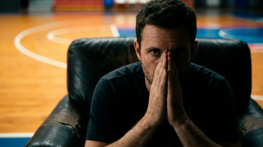 Current image: Gros plan sur un homme concentré regardant un match de basketball, les mains jointes devant le visage