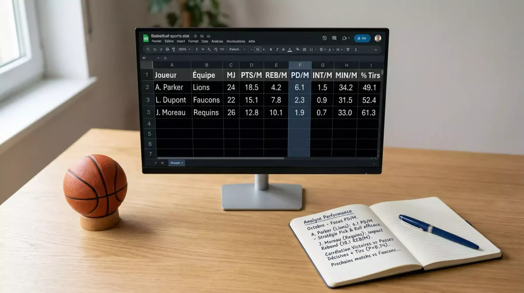 Current image: Écran d'ordinateur affichant des statistiques de basketball avec un bloc-notes et un stylo à côté