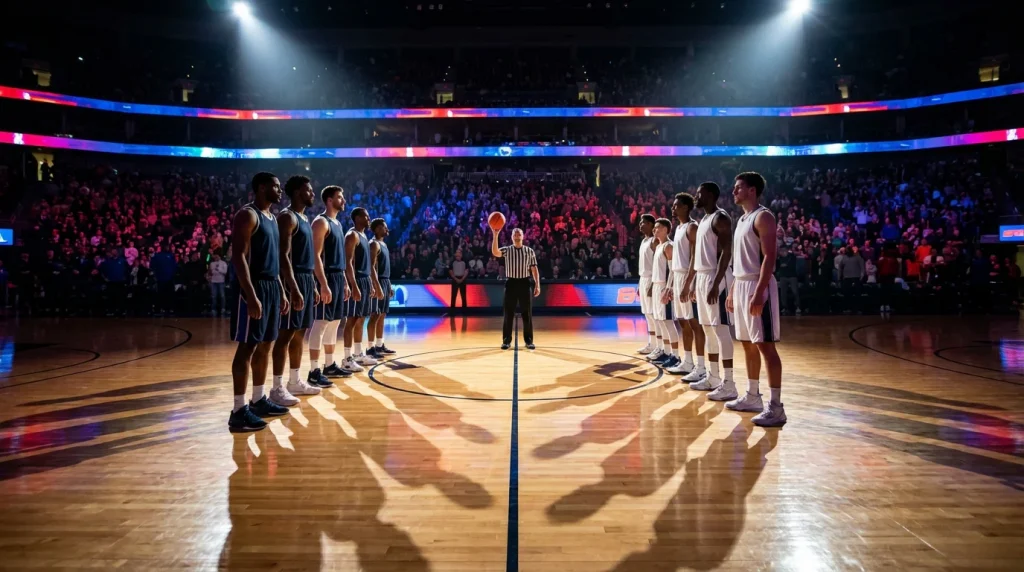 Current image: Deux équipes de basketball face à face sur un terrain NBA avant l'entre-deux