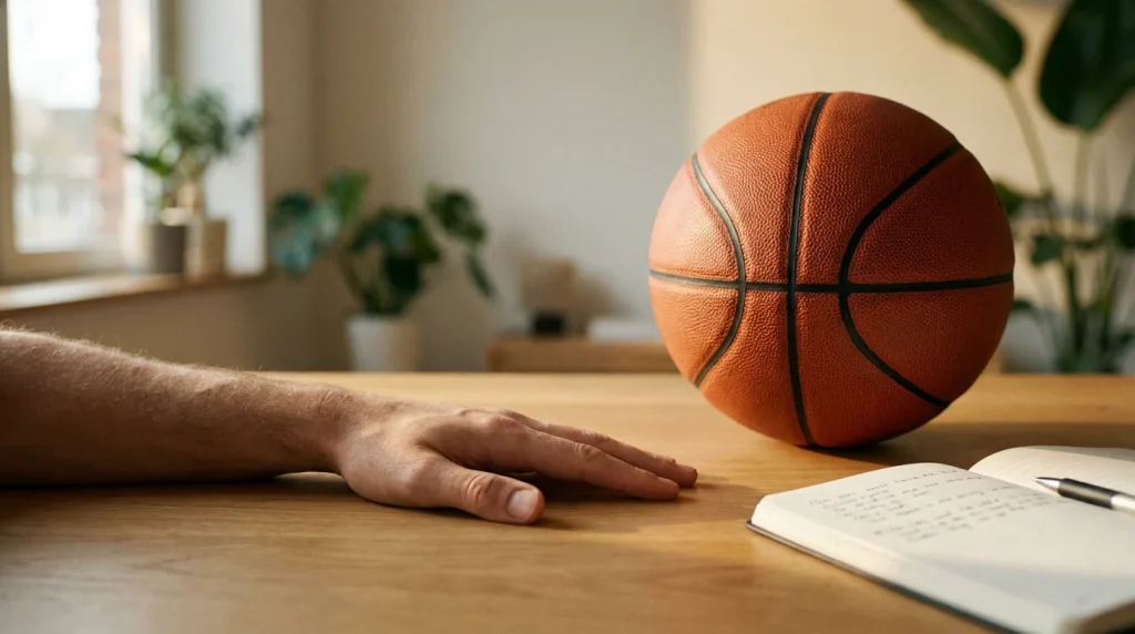 Current image: Main posée calmement sur une table à côté d'un ballon de basketball et d'un bloc-notes ouvert