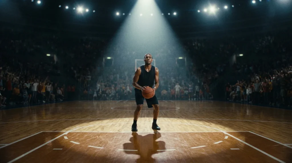 Current image: Joueur NBA concentré au lancer franc sous les lumières de la salle de basketball