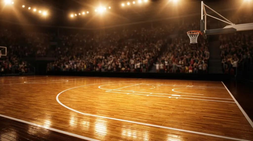 Current image: Terrain de basketball professionnel éclairé sous les projecteurs avec gradins en arrière-plan