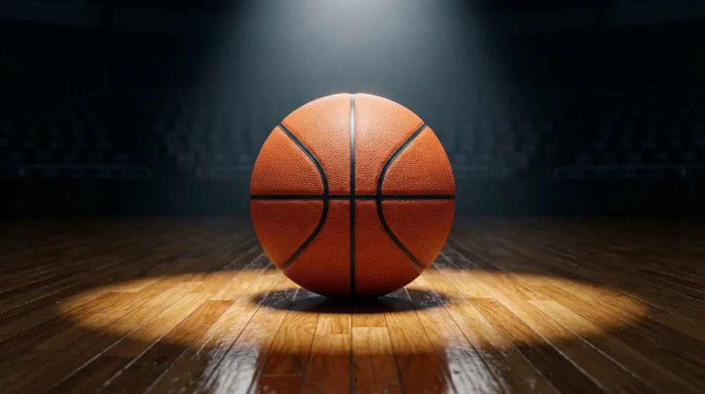 Current image: Ballon de basketball posé sur un parquet ciré avec éclairage dramatique de salle de match