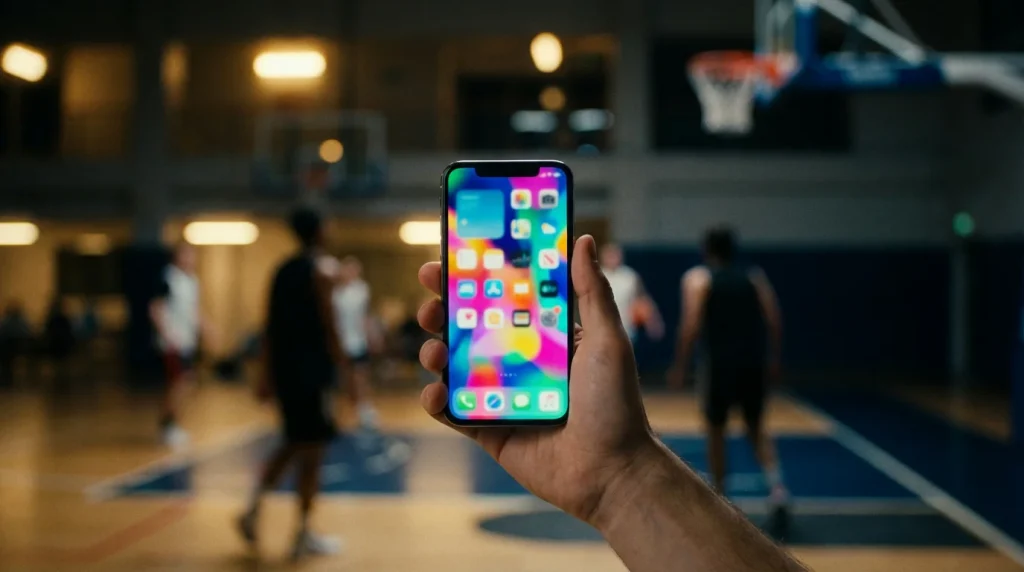 Current image: Main tenant un smartphone devant un terrain de basketball éclairé en soirée