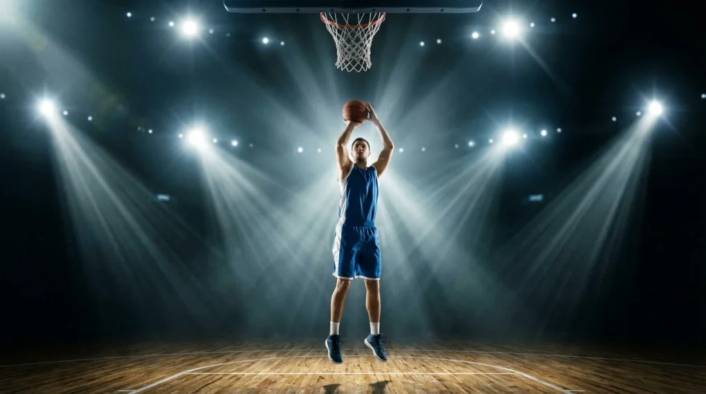 Current image: Joueur de basketball en suspension pour un tir sous les projecteurs d'une salle de match