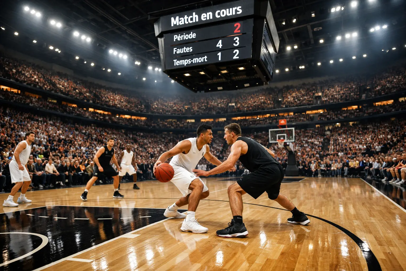 Match de basketball en salle avec public dans les tribunes