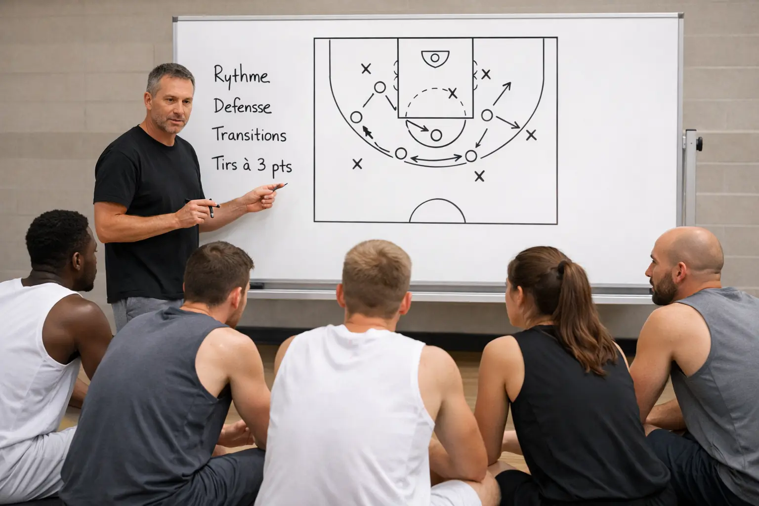 Coach de basketball analysant les statistiques avec son équipe